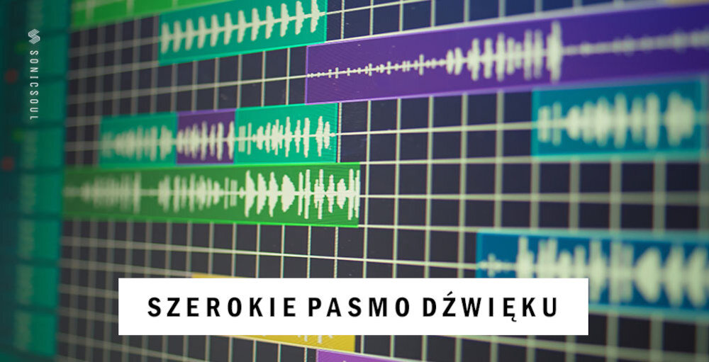 Obraz przedstawia kolorowe wykresy fal dźwiękowych na siatce. Na dole widoczny jest napis \'SZEROKIE PASMO DŹWIĘKU\', a po lewej stronie logo \'SONICSOUL\'.