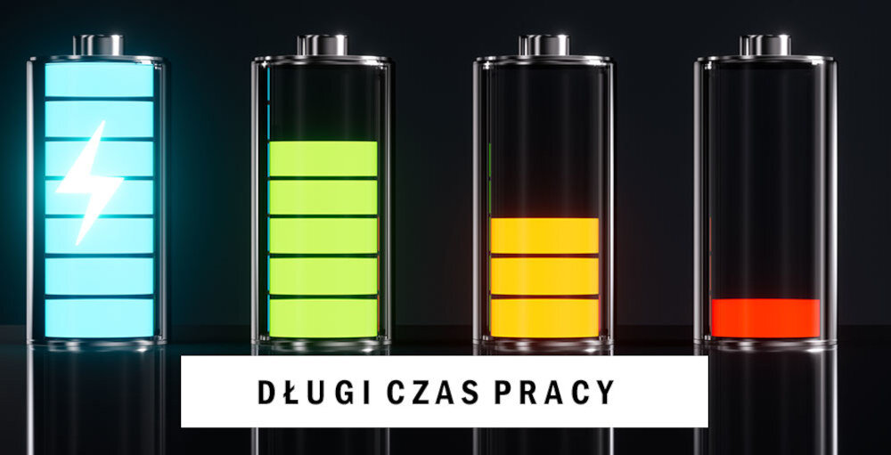 Obraz przedstawia cztery ikony baterii o różnym poziomie naładowania: niebieską z symbolem błyskawicy, zieloną, żółtą i czerwoną. Na dole widoczny jest napis \'DŁUGI CZAS PRACY\'.