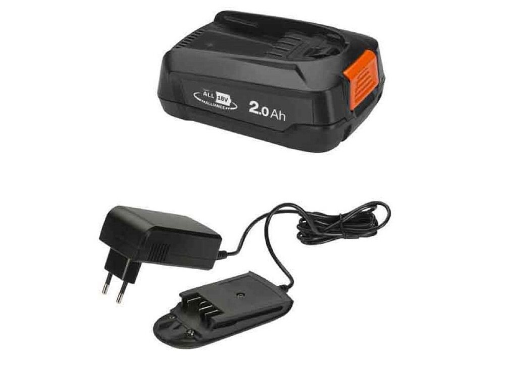 Na obrazie widoczny jest czarny akumulator z oznaczeniem \'ALL 18V 2.0 Ah\' oraz ładowarka z wtyczką i przewodem. Akumulator ma pomarańczowy element na boku.