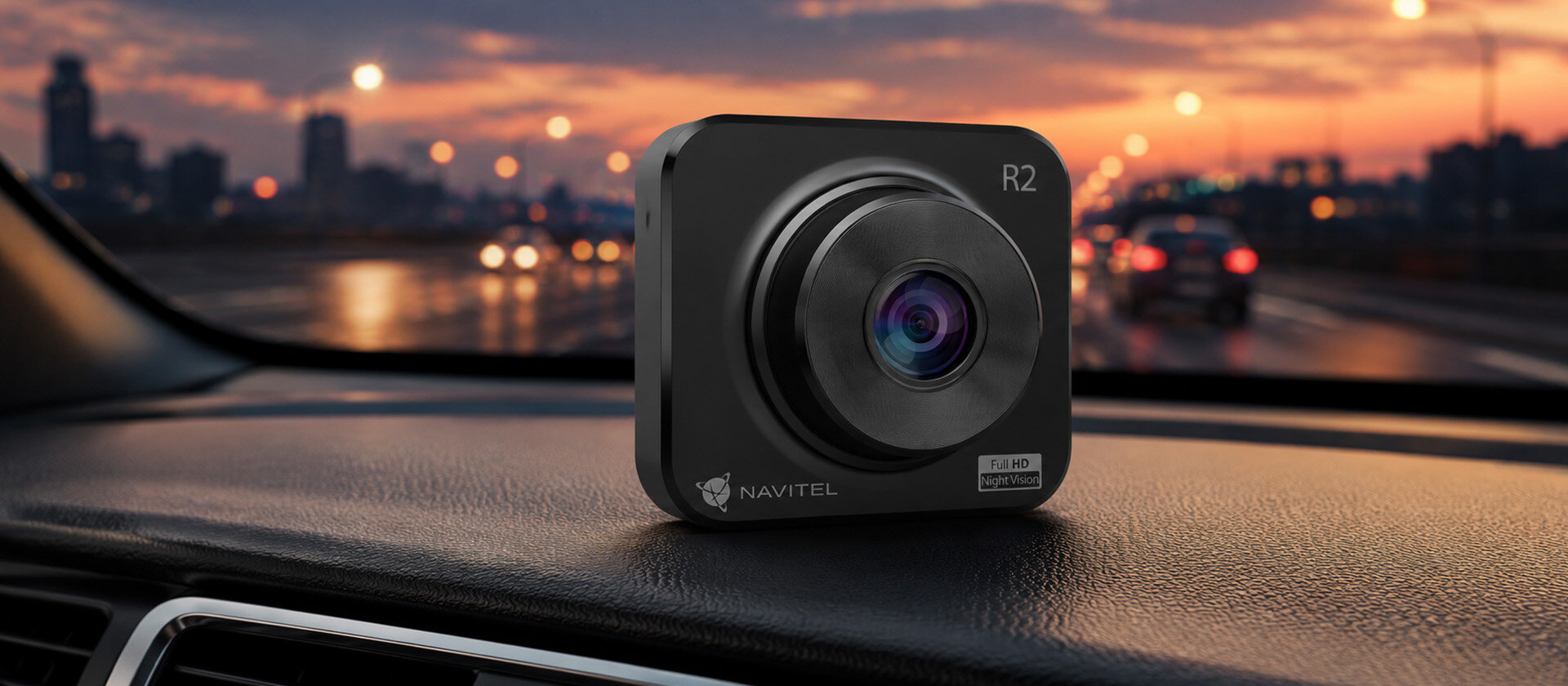 Wideorejestrator NAVITEL R88 PRO GPS zamontowany na przedniej szybie samochodu sensor GC2053 czterowarstwowe szkło soczewki po zmroku, w tunelach lub podczas jazdy słabo oświetlonymi ulicami