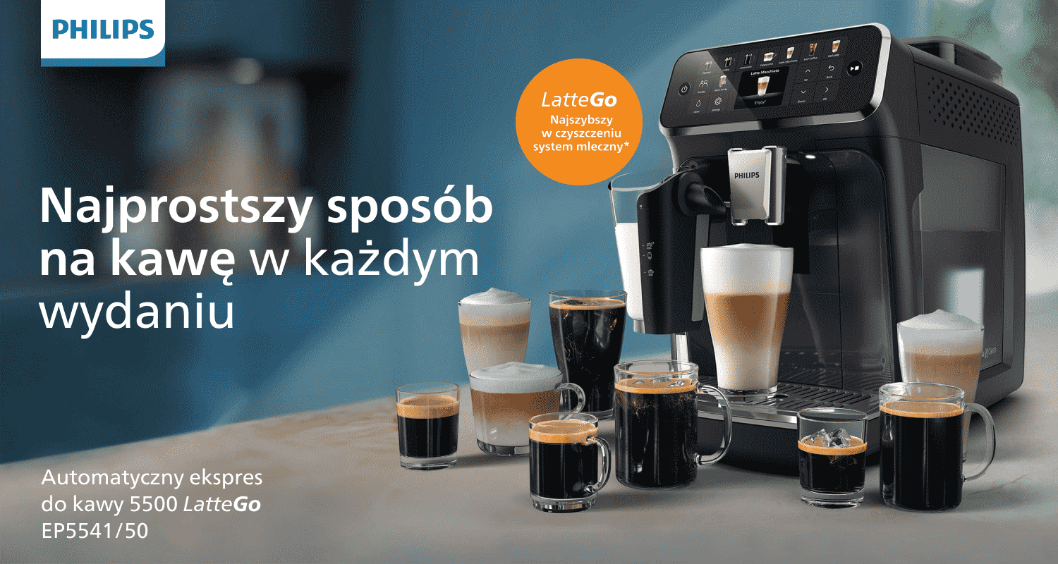 Na obrazie znajduje się ekspres do kawy z logo PHILIPS, otoczony różnymi filiżankami kawy. Widoczny jest tekst: \'Najprostszy sposób na kawę w każdym wydaniu\', \'Automatyczny ekspres do kawy 5500 LatteGo EP5541/50\' oraz \'LatteGo Najszybszy w czyszczeniu system mleczny\'.