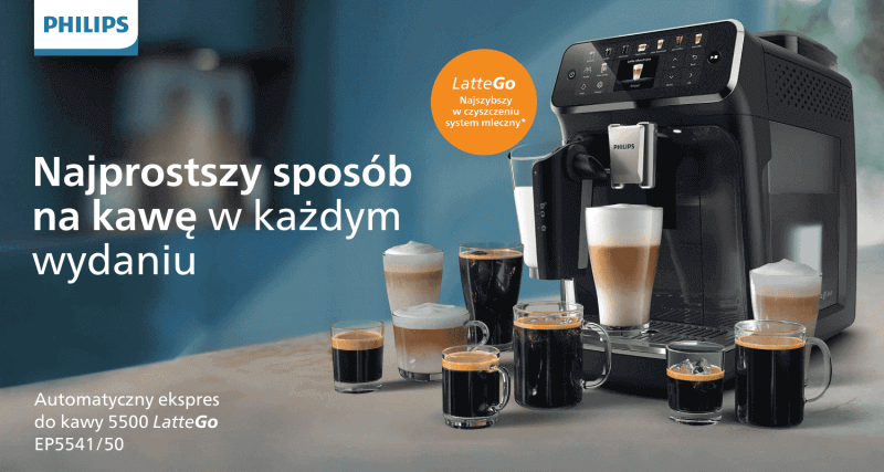 Obraz przedstawia ekspres do kawy marki PHILIPS z kilkoma filiżankami różnych rodzajów kawy. Na obrazie widoczny jest tekst: \'Najprostszy sposób na kawę w każdym wydaniu\', \'Automatyczny ekspres do kawy 5500 LatteGo EP5541/50\' oraz \'LatteGo Najszybszy w czyszczeniu system mleczny\'.