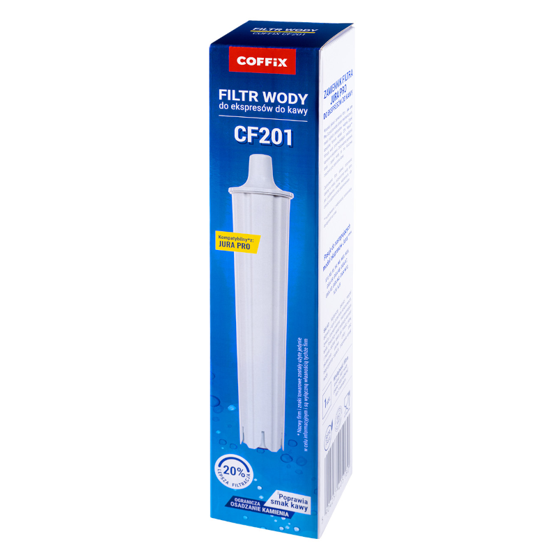 Opakowanie filtra wody do ekspresu do kawy marki COFFIX, model CF201, z napisem \'Kompatybilny z: JURA PRO\'. Na dole opakowania widnieje informacja \'Poprawia smak kawy\' oraz \'Ogranicza osadzanie kamienia\'.
