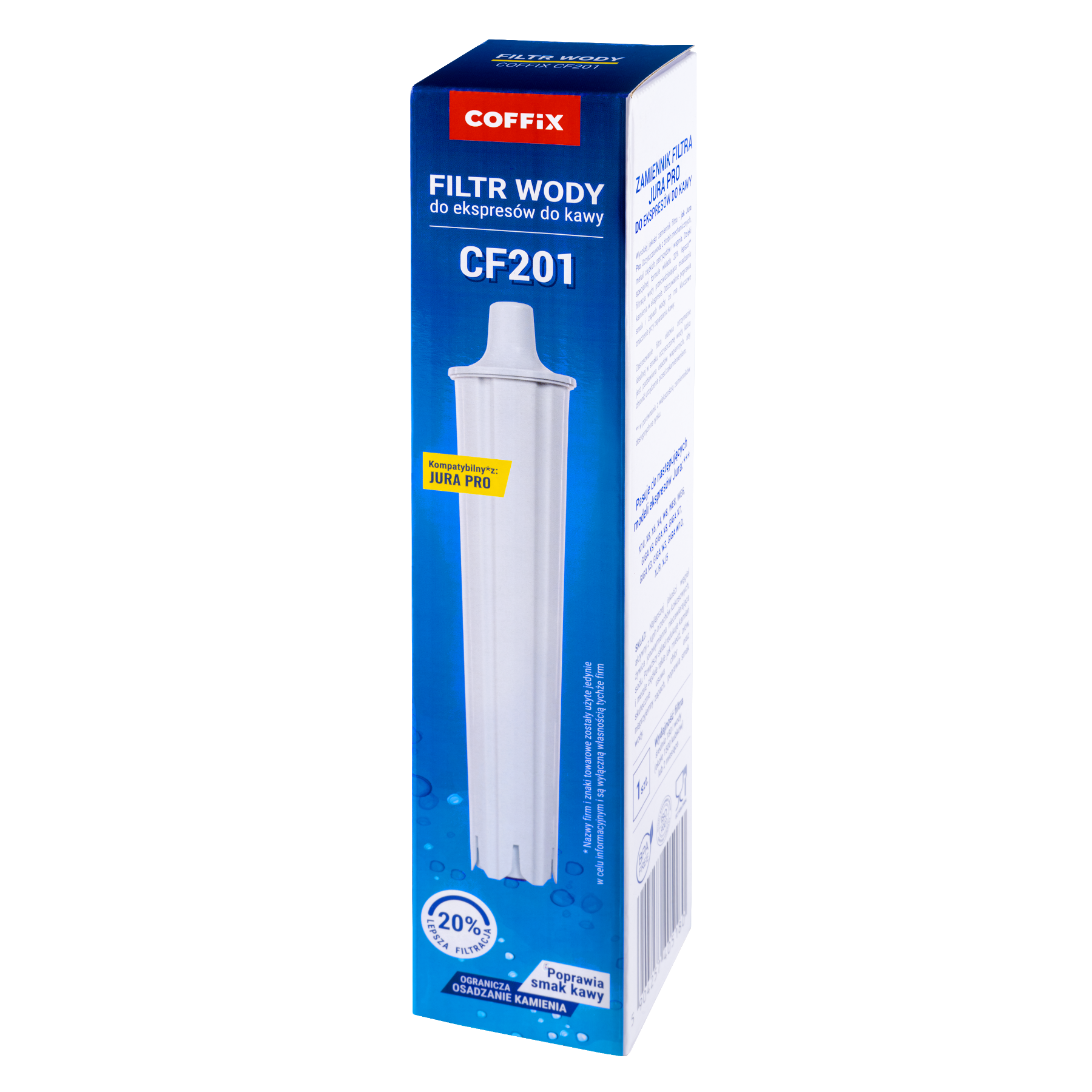Opakowanie filtra wody do ekspresu do kawy marki COFFIX, model CF201, z napisem \'Kompatybilny z: JURA PRO\'. Na dole widnieje informacja \'Poprawia smak kawy\' oraz \'Ogranicza osadzanie kamienia\'.