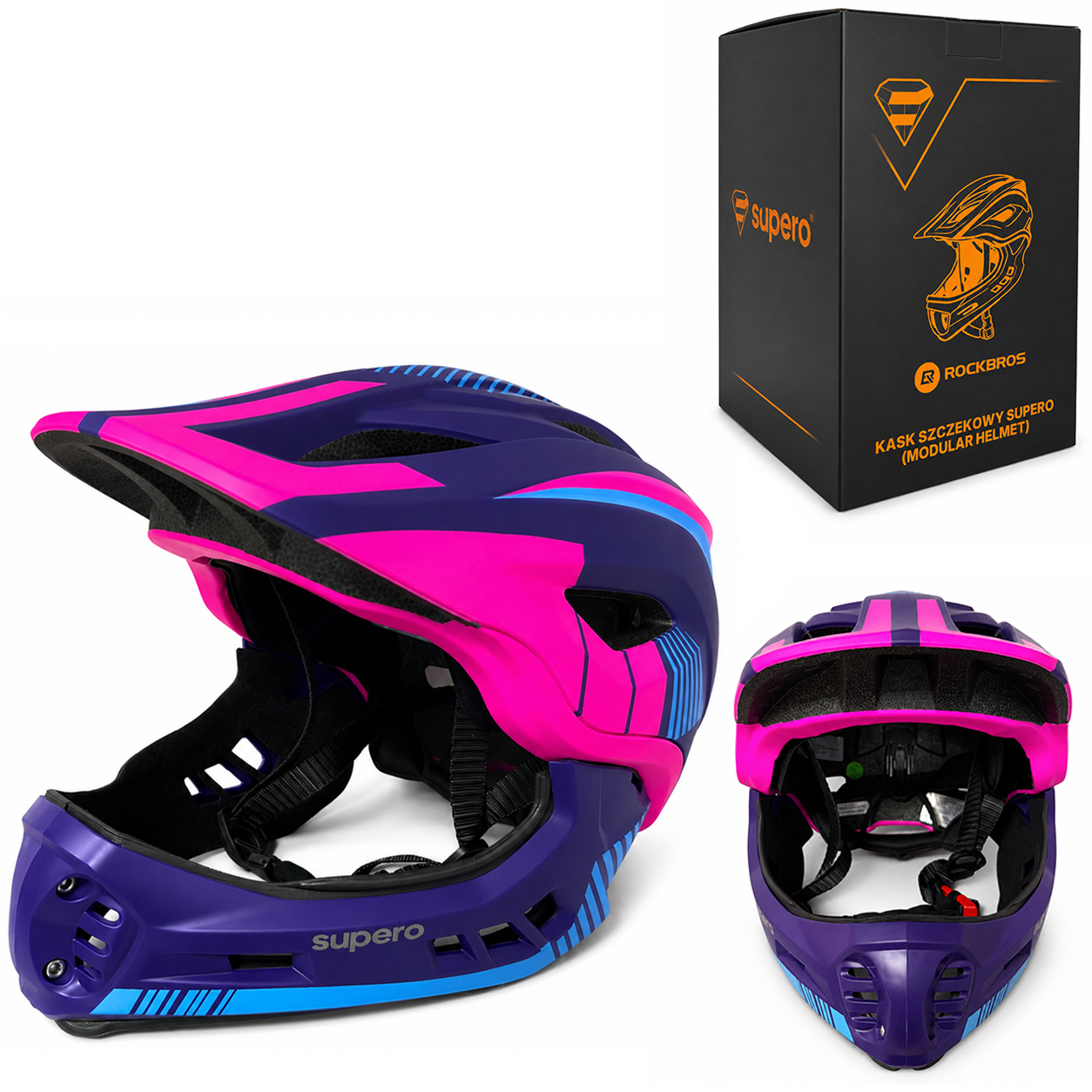 Kask rowerowy w kolorach różowym i niebieskim z widocznym logo \'supero\'. Obok znajduje się czarne pudełko z napisami \'ROCKBROS\' i \'KASK SZCZĘKOWY SUPERO (MODULAR HELMET)\'.