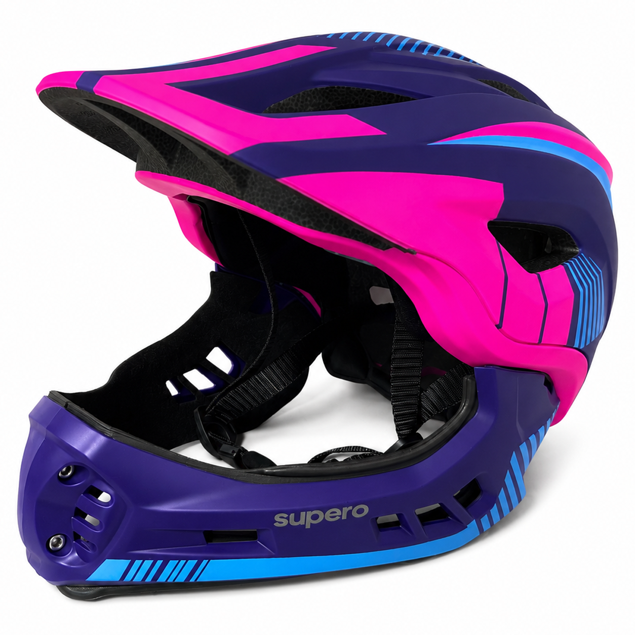 Kask rowerowy w kolorach różowym, fioletowym i niebieskim z napisem \'supero\' na dolnej części. Kask ma pełną osłonę twarzy i otwory wentylacyjne.
