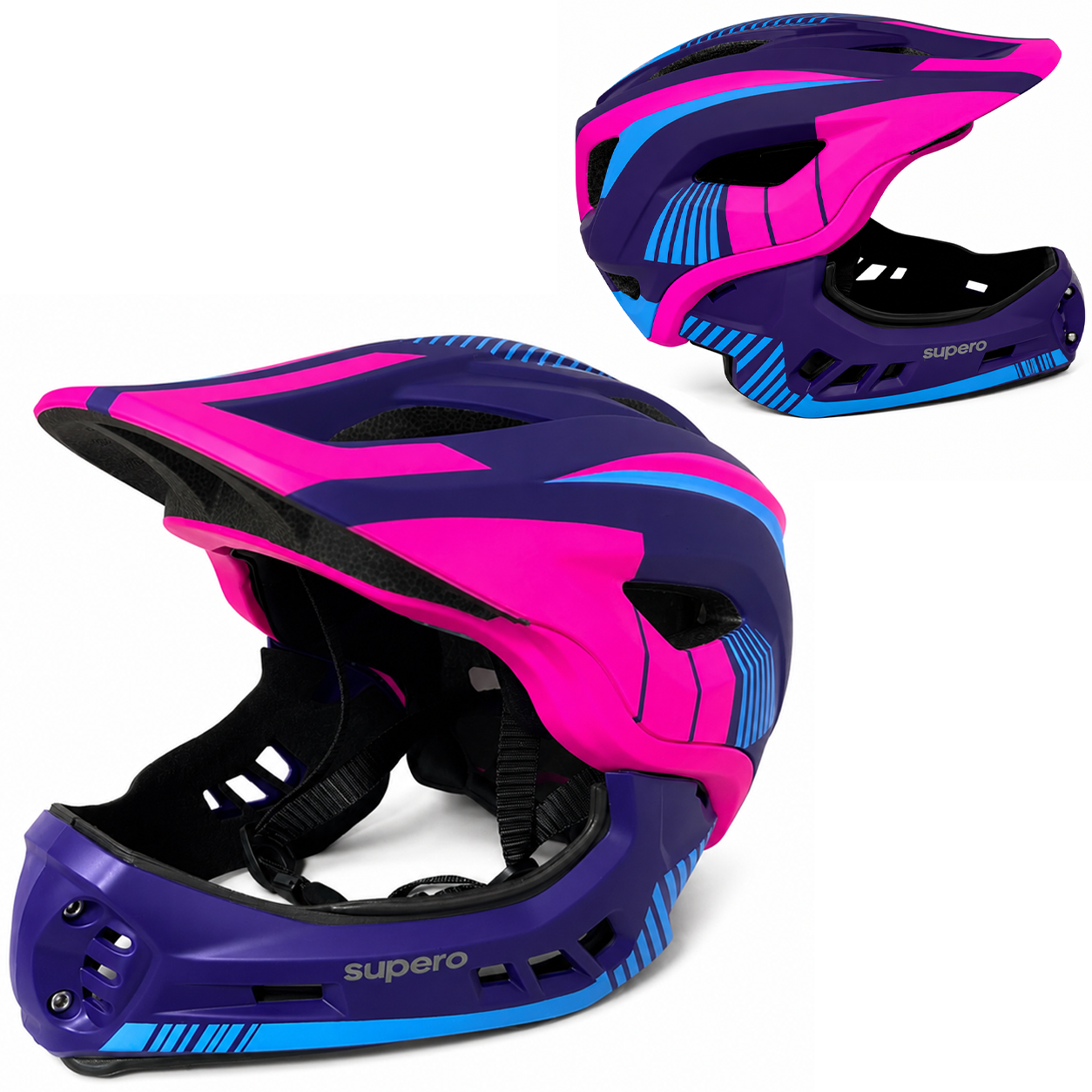 Kask rowerowy w kolorach fioletowym, różowym i niebieskim z pełną osłoną twarzy. Na kasku widoczne jest logo \'supero\'.