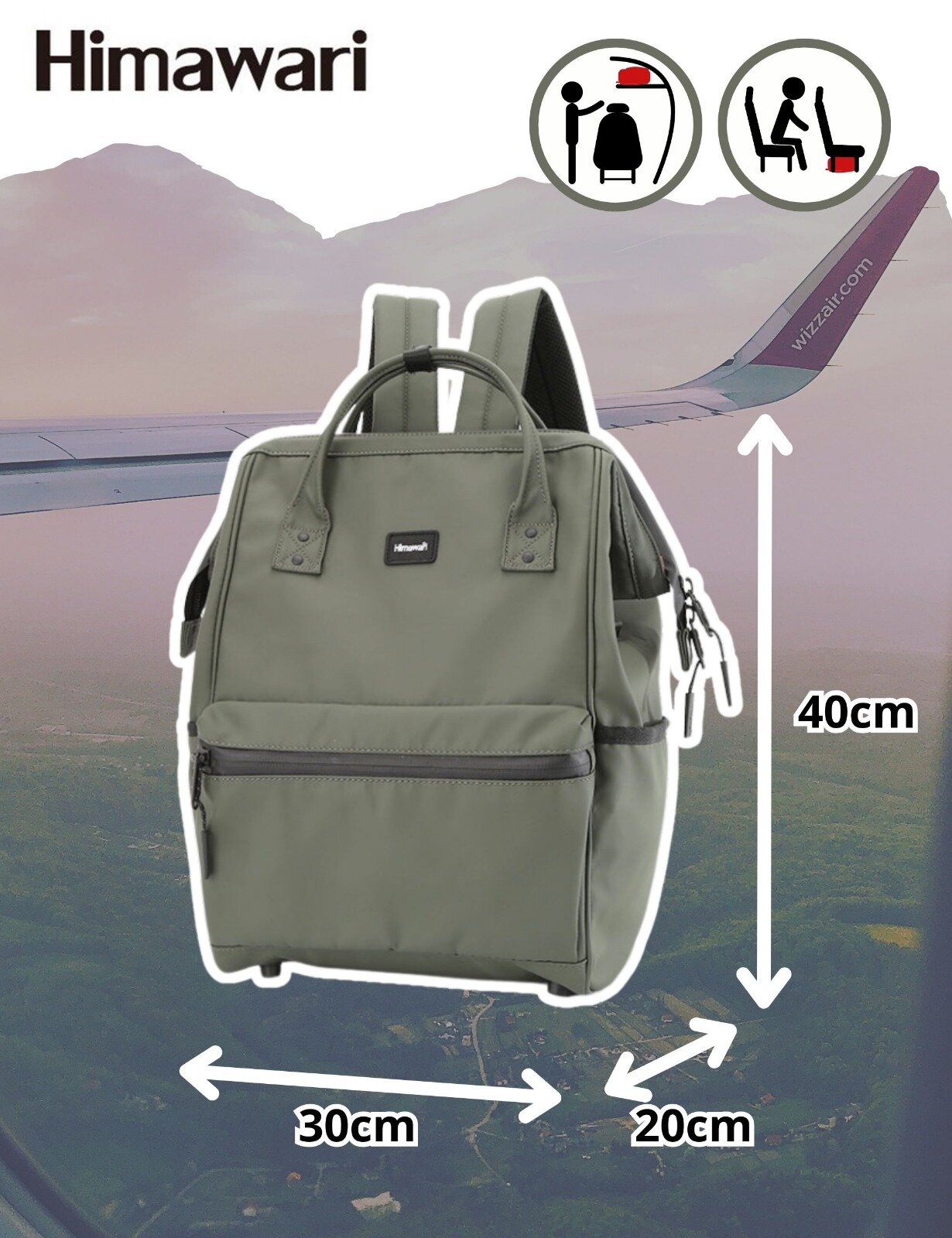 Zielony plecak z logo \'Himawari\' na tle widoku z okna samolotu, z wymiarami 40cm x 30cm x 20cm. Obok plecaka znajdują się ikony przedstawiające jego zastosowanie w podróży.