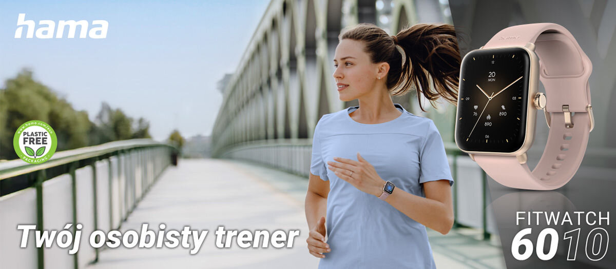 Kobieta biegnie po moście, nosząc różowy smartwatch na nadgarstku. Na obrazie widoczne są napisy: \'hama\', \'Twój osobisty trener\', \'PLASTIC FREE\', oraz \'FITWATCH 6010\'.