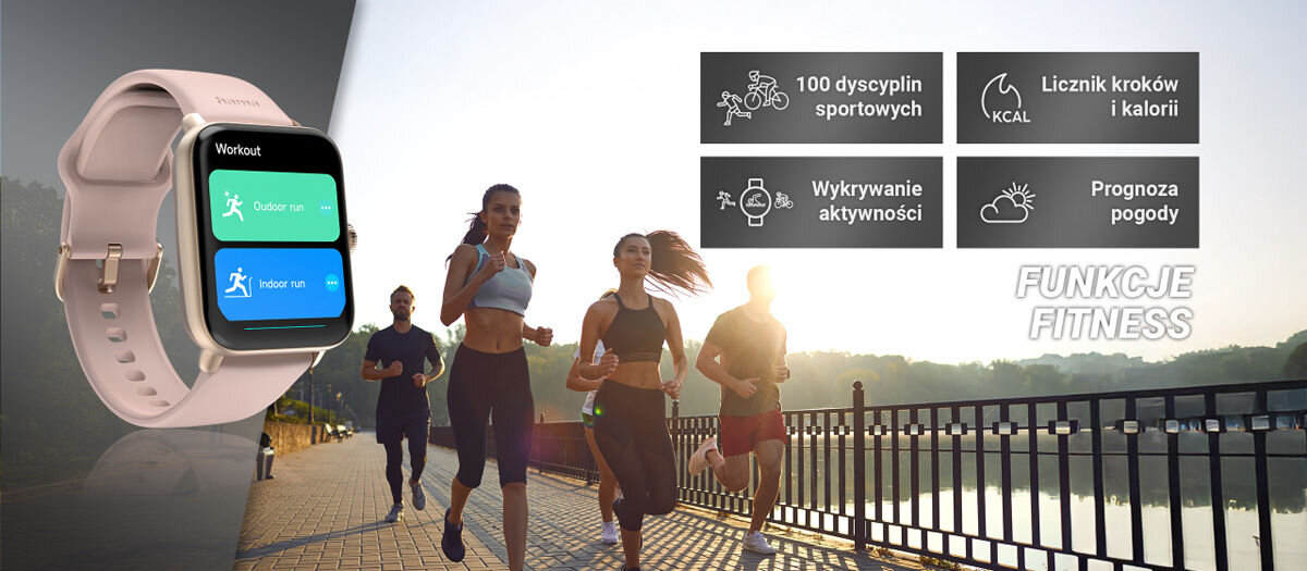 Obraz przedstawia różowy smartwatch z wyświetlaczem pokazującym opcje \'Outdoor run\' i \'Indoor run\'. Obok widoczne są ikony z napisami: \'100 dyscyplin sportowych\', \'Licznik kroków i kalorii\', \'Wykrywanie aktywności\', \'Prognoza pogody\', a w tle grupa osób biegnie wzdłuż rzeki.
