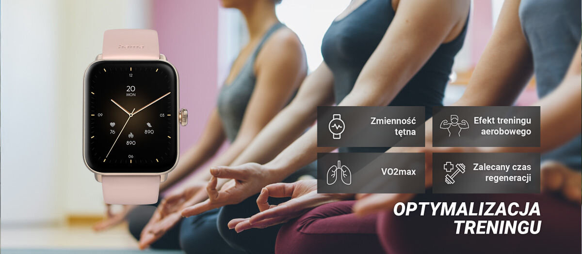 Na obrazie widoczny jest różowy smartwatch z wyświetlaczem pokazującym godzinę 20:00 i dzień MON. Obok znajdują się ikony z napisami: \'Zmienność tętna\', \'Efekt treningu aerobowego\', \'VO2max\', \'Zalecany czas regeneracji\', a poniżej tekst \'OPTYMALIZACJA TRENINGU\'.