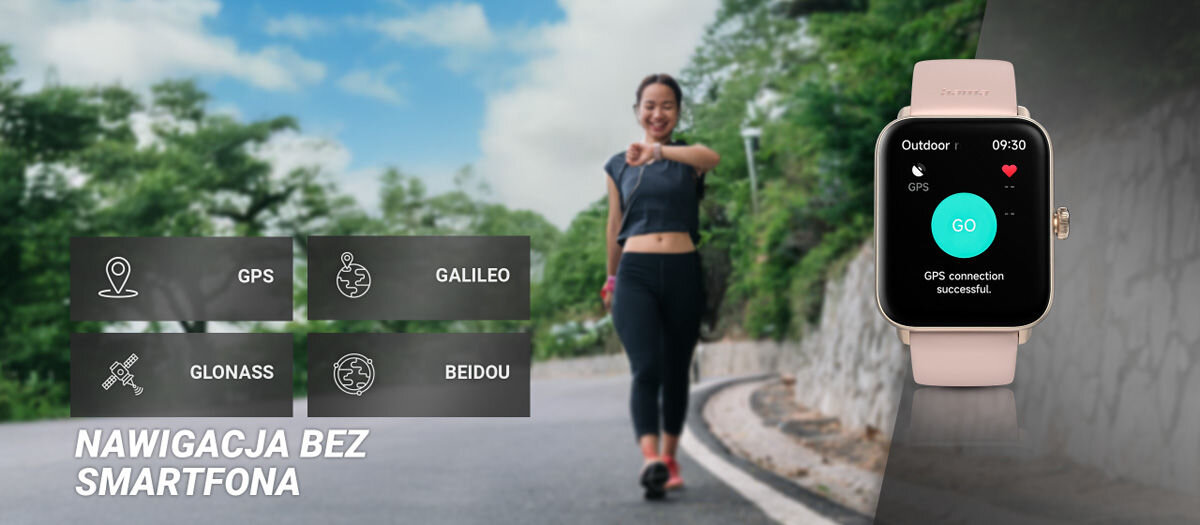 Obraz przedstawia osobę biegnącą po drodze oraz smartwatch z różowym paskiem, na którego ekranie widoczny jest napis \'GPS connection successful\'. Po lewej stronie znajdują się ikony z napisami: \'GPS\', \'GALILEO\', \'GLONASS\', \'BEIDOU\' oraz tekst \'NAWIGACJA BEZ SMARTFONA\'.