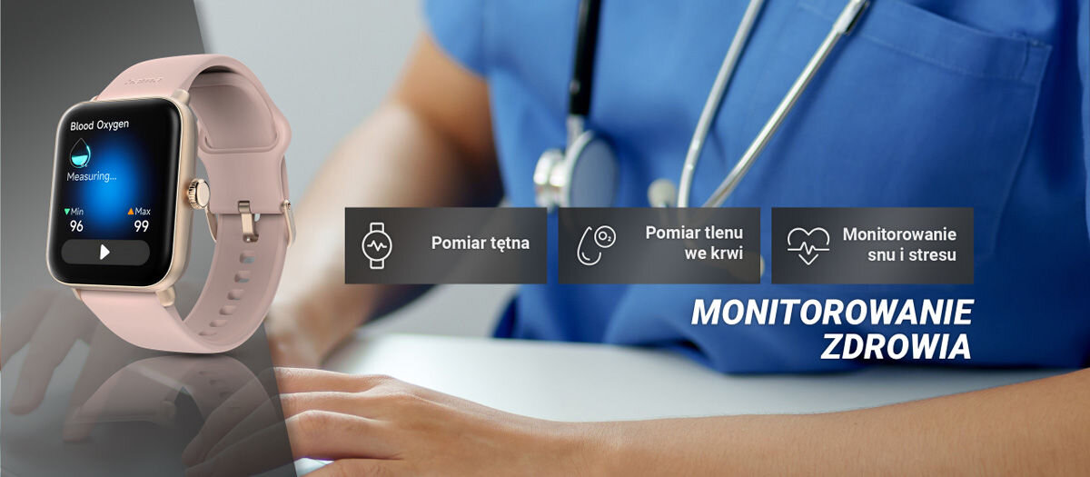 Smartwatch z różowym paskiem wyświetla na ekranie pomiar tlenu we krwi. Obok znajdują się ikony z napisami: \'Pomiar tętna\', \'Pomiar tlenu we krwi\', \'Monitorowanie snu i stresu\', oraz tekst \'MONITOROWANIE ZDROWIA\'.
