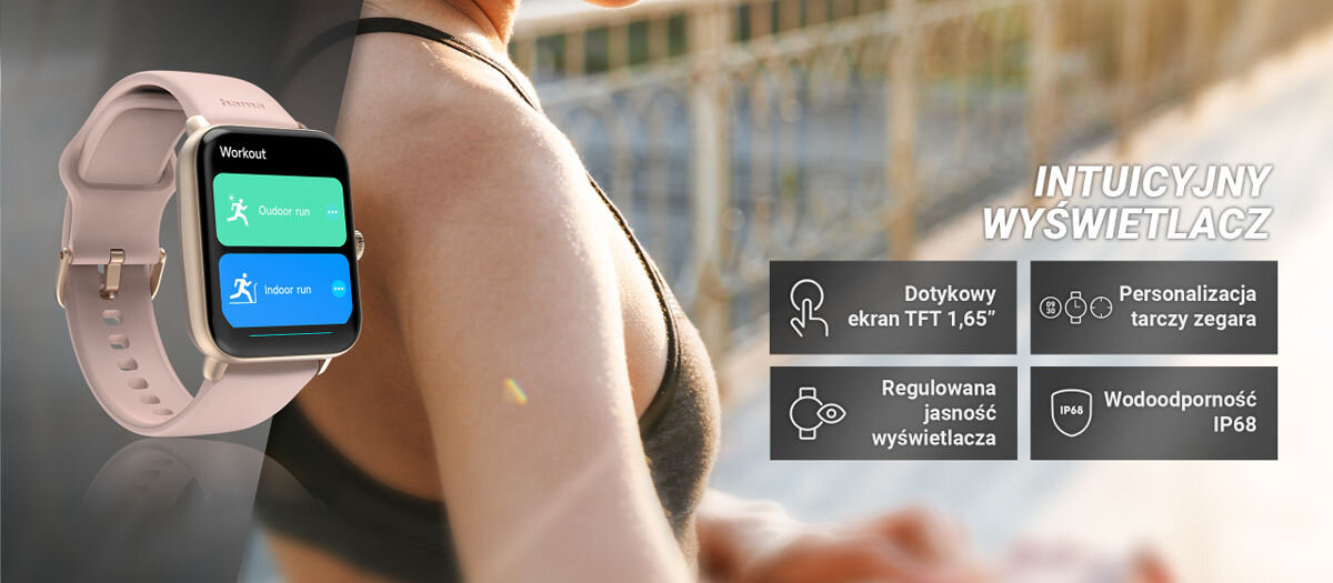 Obraz przedstawia różowy smartwatch z wyświetlaczem pokazującym opcje \'Outdoor run\' i \'Indoor run\'. Obok znajdują się informacje: \'Dotykowy ekran TFT 1,65\