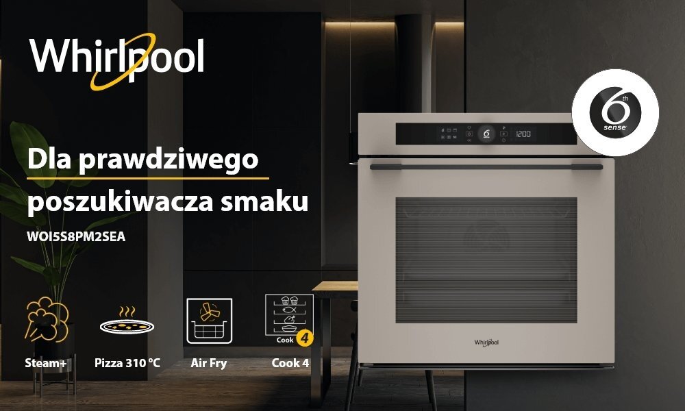 Obraz przedstawia piekarnik elektryczny w kolorze szampańskim z wyświetlaczem cyfrowym. Widoczny jest tekst: \'Whirlpool\', \'Dla prawdziwego poszukiwacza smaku\', \'WOI5S8PM2SEA\', oraz ikony funkcji: Steam+, Pizza 310°C, Air Fry, Cook 4, 6th sense.