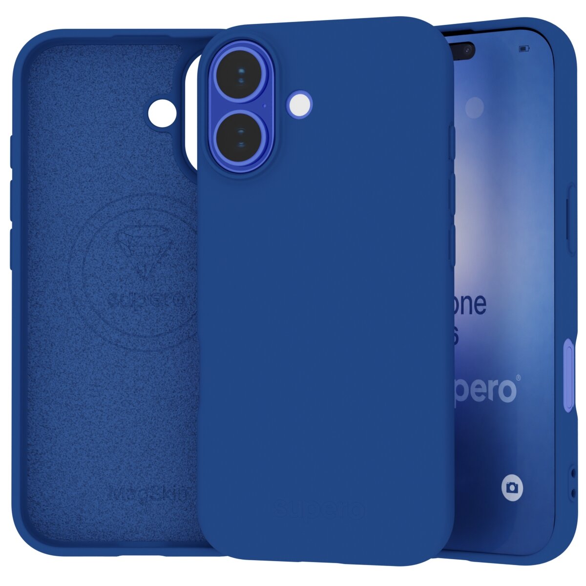 Na obrazie widoczne jest niebieskie etui silikonowe do telefonu z dwoma otworami na aparat i jednym na lampę błyskową. Wewnątrz etui znajduje się logo z napisem \'superior\'.
