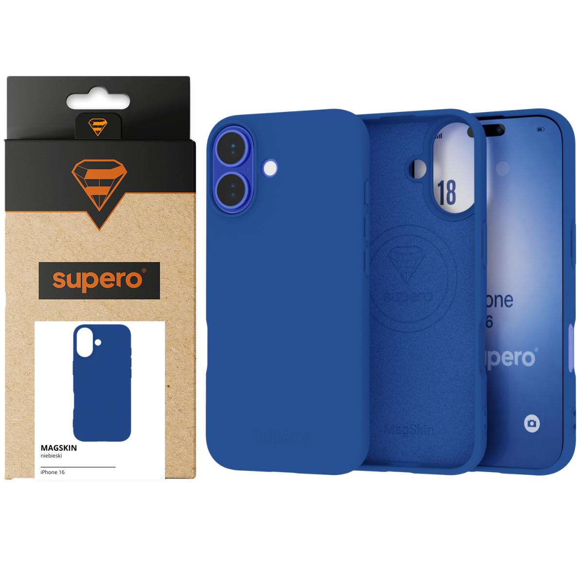 Na obrazie widoczne jest niebieskie etui silikonowe do iPhone 16 oraz jego opakowanie z logo \'supero\'. Opakowanie zawiera napis \'MAGSKIN niebieski iPhone 16\'.