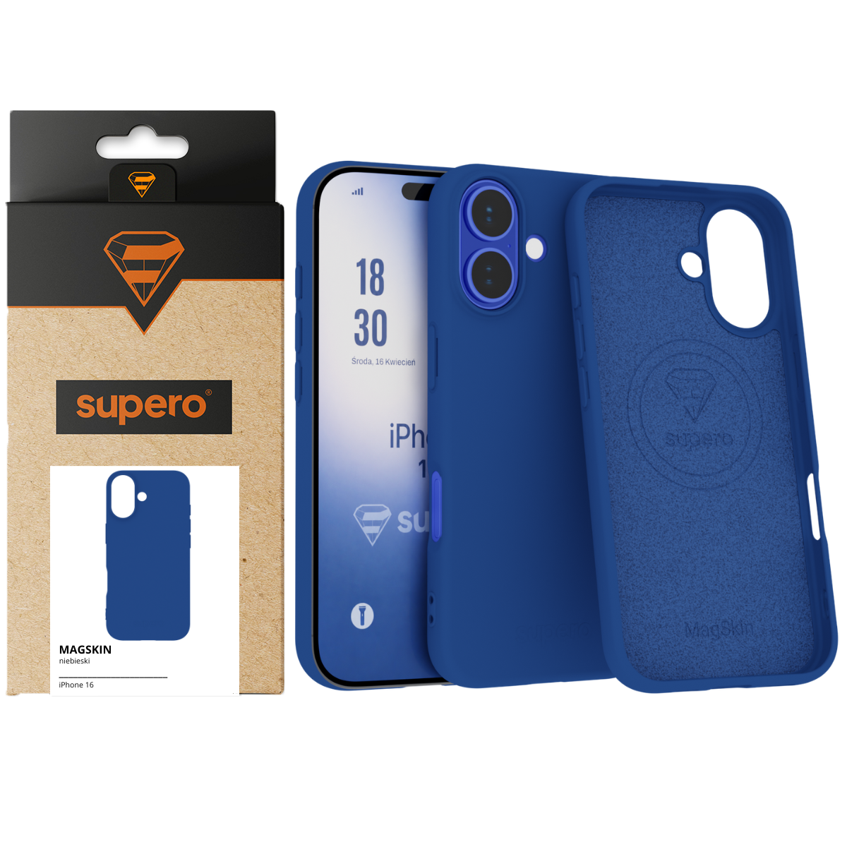 Na obrazie widoczne jest niebieskie etui silikonowe do iPhone 16 z dwoma otworami na aparat oraz opakowanie z logo \'supero\'. Na ekranie telefonu widoczny jest tekst: \'18:30 Środa, 16 Kwietnia iPhone 16\'.