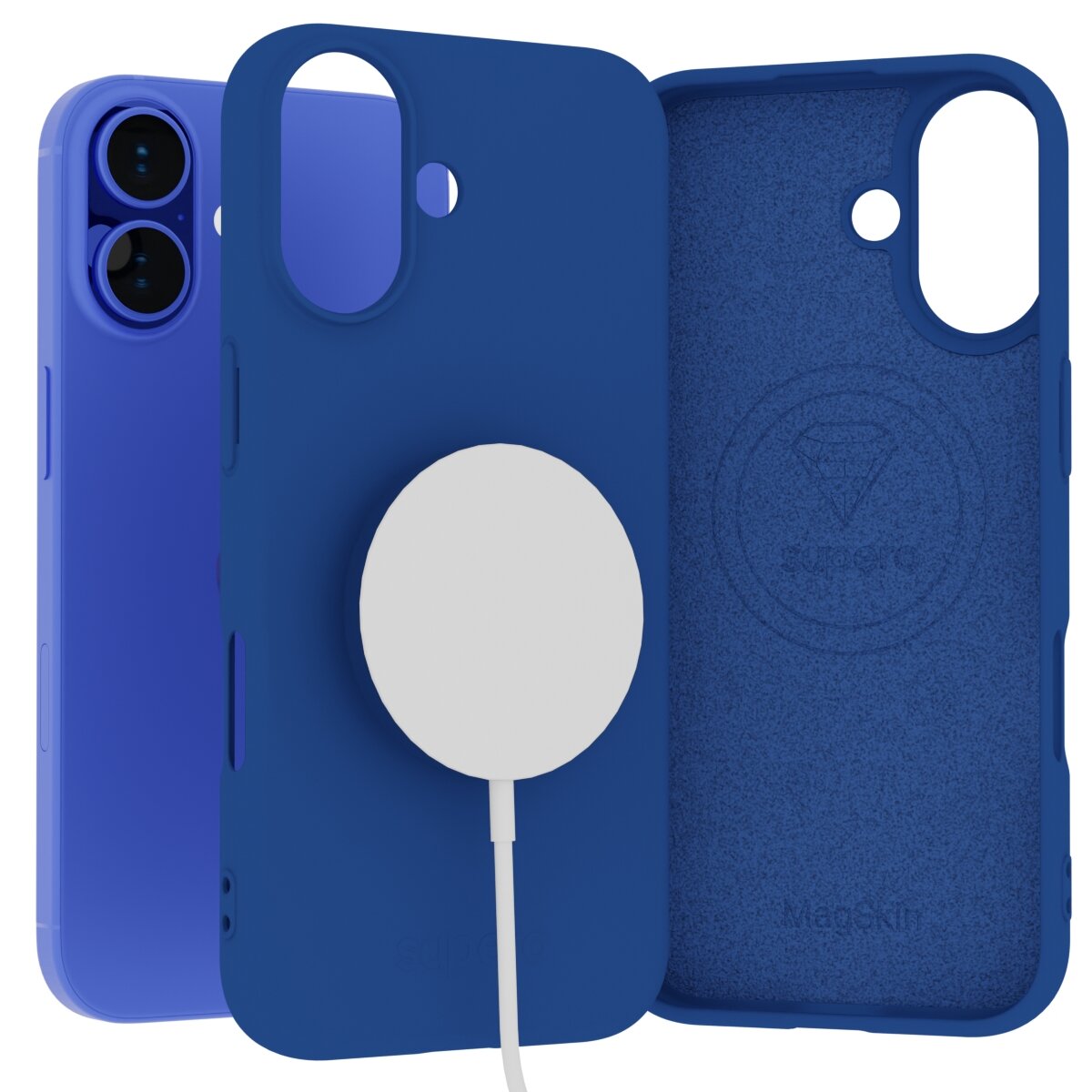 Na obrazie widoczne są trzy niebieskie etui silikonowe do telefonu, jedno z nich ma przymocowany biały, okrągły element magnetyczny. Wnętrze jednego z etui ma widoczne logo i napis \'MagSkin\'.