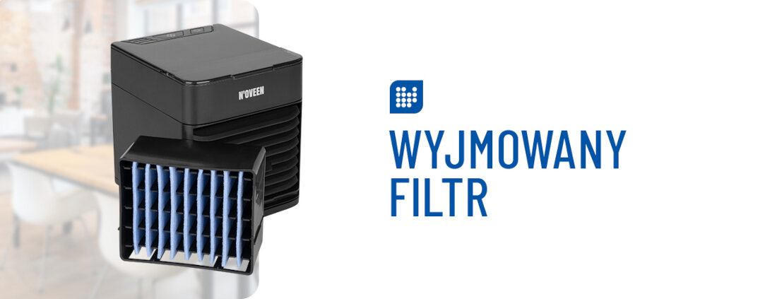 Na obrazie widoczny jest czarny klimator z logo \'N\'OVEEN\' oraz wyjmowany filtr w kolorze niebieskim. Obok znajduje się napis \'WYJMOWANY FILTR\'.