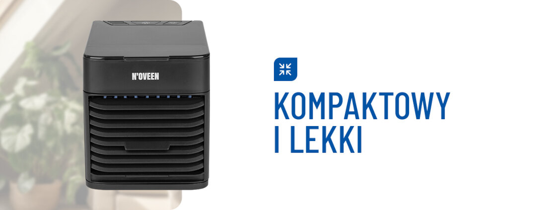 Na obrazie widoczny jest czarny klimator z logo \'N\'OVEEN\' na przedniej części. Obok znajduje się napis \'KOMPAKTOWY I LEKKI\' oraz symbol przypominający płatek śniegu.