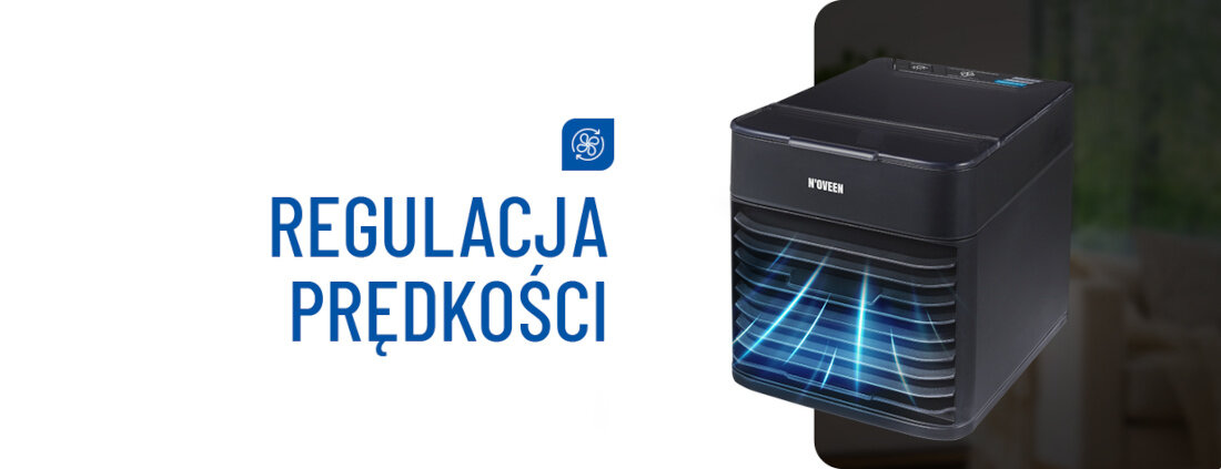 Obraz przedstawia czarny klimator z logo N\'OVEEN, z widocznymi niebieskimi liniami symbolizującymi przepływ powietrza. Obok urządzenia znajduje się napis \'REGULACJA PRĘDKOŚCI\' oraz ikona wentylatora.