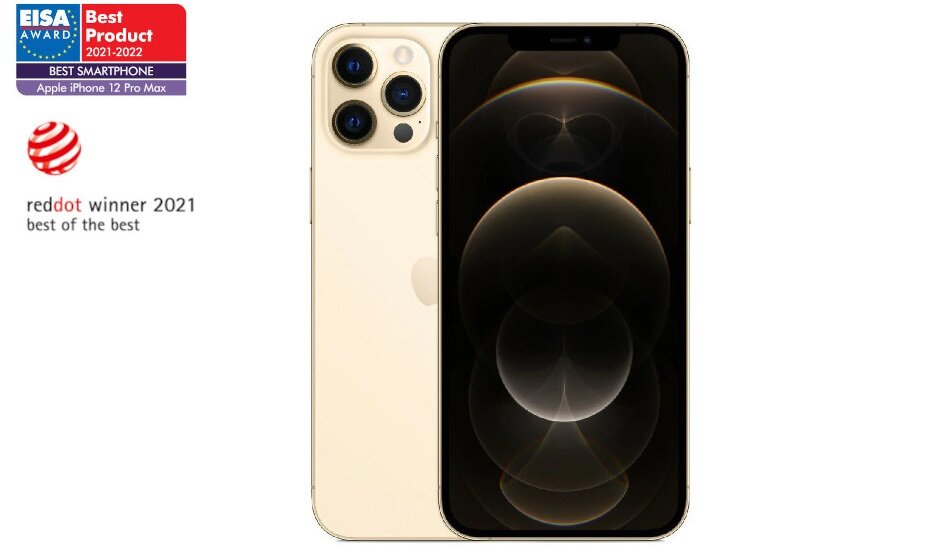 Złoty smartfon z trzema aparatami z tyłu i dużym ekranem z przodu. Obok widoczne są nagrody: EISA Award Best Product 2021-2022 i reddot winner 2021 best of the best.