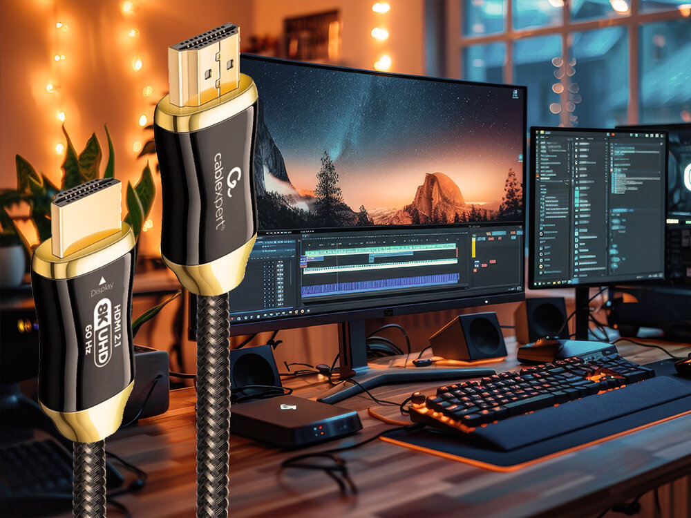 Na pierwszym planie widoczny jest kabel HDMI z napisem \'cablexpert\', a w tle znajduje się stanowisko komputerowe z dwoma monitorami wyświetlającymi program do edycji wideo.