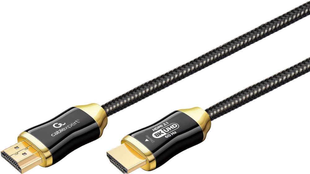 Na obrazie widoczny jest kabel HDMI z plecionym oplotem i złotymi końcówkami. Na jednej z końcówek znajduje się logo \'cablexpert\', a na drugiej napis \'HDMI 2.1 8K UHD 60 Hz\'.