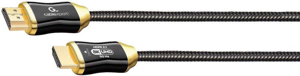 Na obrazie widoczny jest kabel HDMI z czarnym, plecionym oplotem i złotymi końcówkami. Na końcówkach znajduje się tekst: \'cablexpert\', \'HDMI 2.1\', \'8K UHD\', \'60 Hz\'.