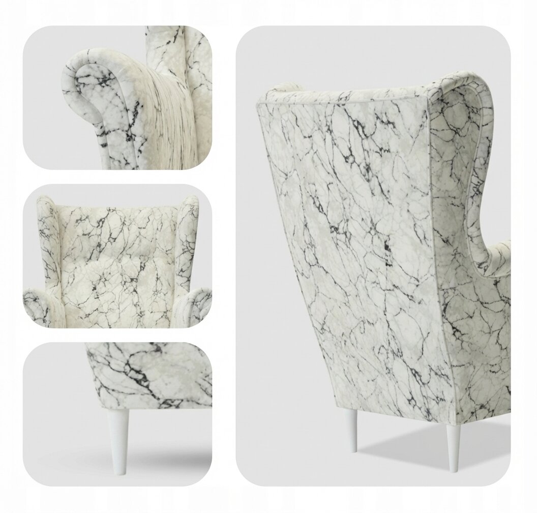 Fotel uszak w stylu skandynawskim z wzorem przypominającym biały marmur carrara. Posiada wysokie oparcie i białe nogi.