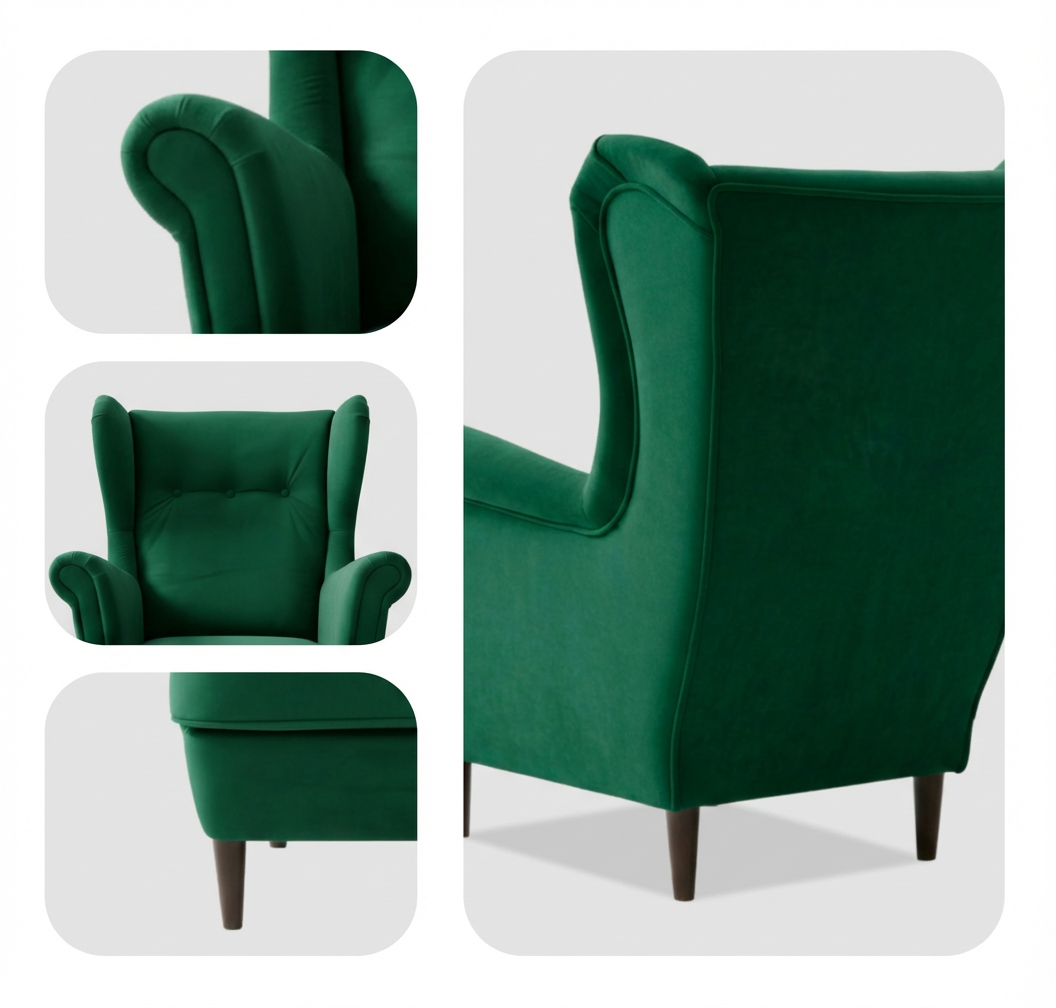 Obraz przedstawia zielony fotel uszak wykonany z weluru, z widocznymi detalami takimi jak oparcie, podłokietniki i nogi. Fotel ma elegancki, skandynawski design z cieniującym materiałem.