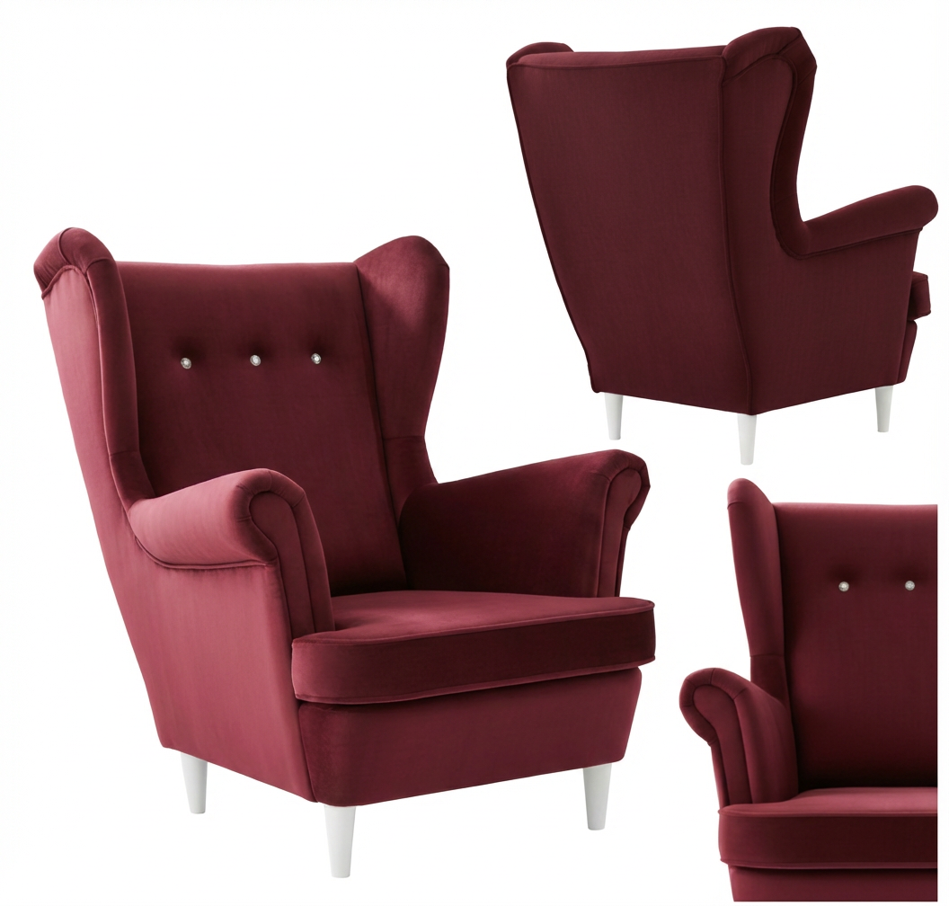 Na obrazie widoczny jest fotel uszak w kolorze bordowym z białymi nogami i ozdobnymi guzikami na oparciu. Fotel ma klasyczny, elegancki design z zaokrąglonymi podłokietnikami.