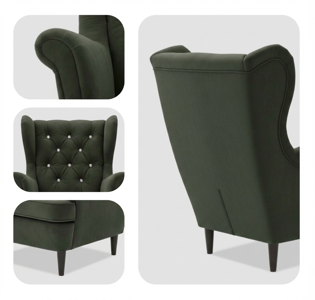 Obraz przedstawia fotel w stylu skandynawskim o ciemnozielonym kolorze z ozdobnymi guzikami na oparciu. Fotel ma wysokie oparcie i drewniane nogi.
