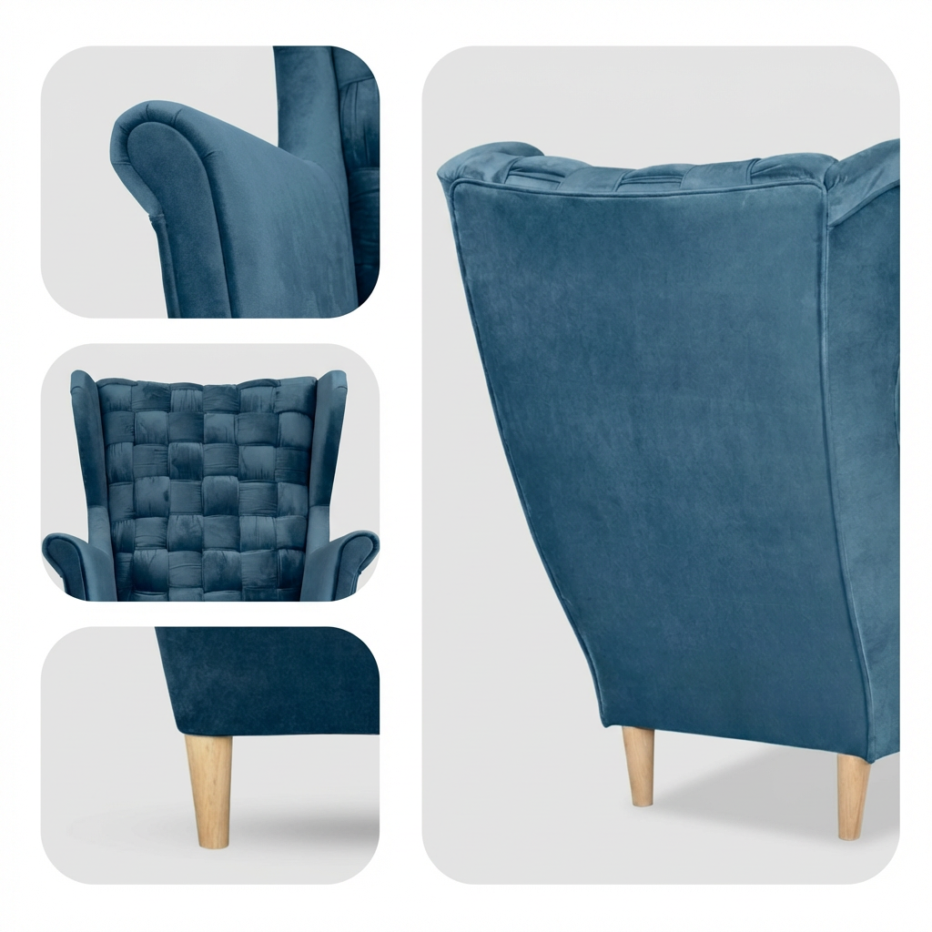 Obraz przedstawia niebieski fotel uszak z weluru, z drewnianymi nogami i pikowanym oparciem. Fotel ma elegancki, skandynawski design.