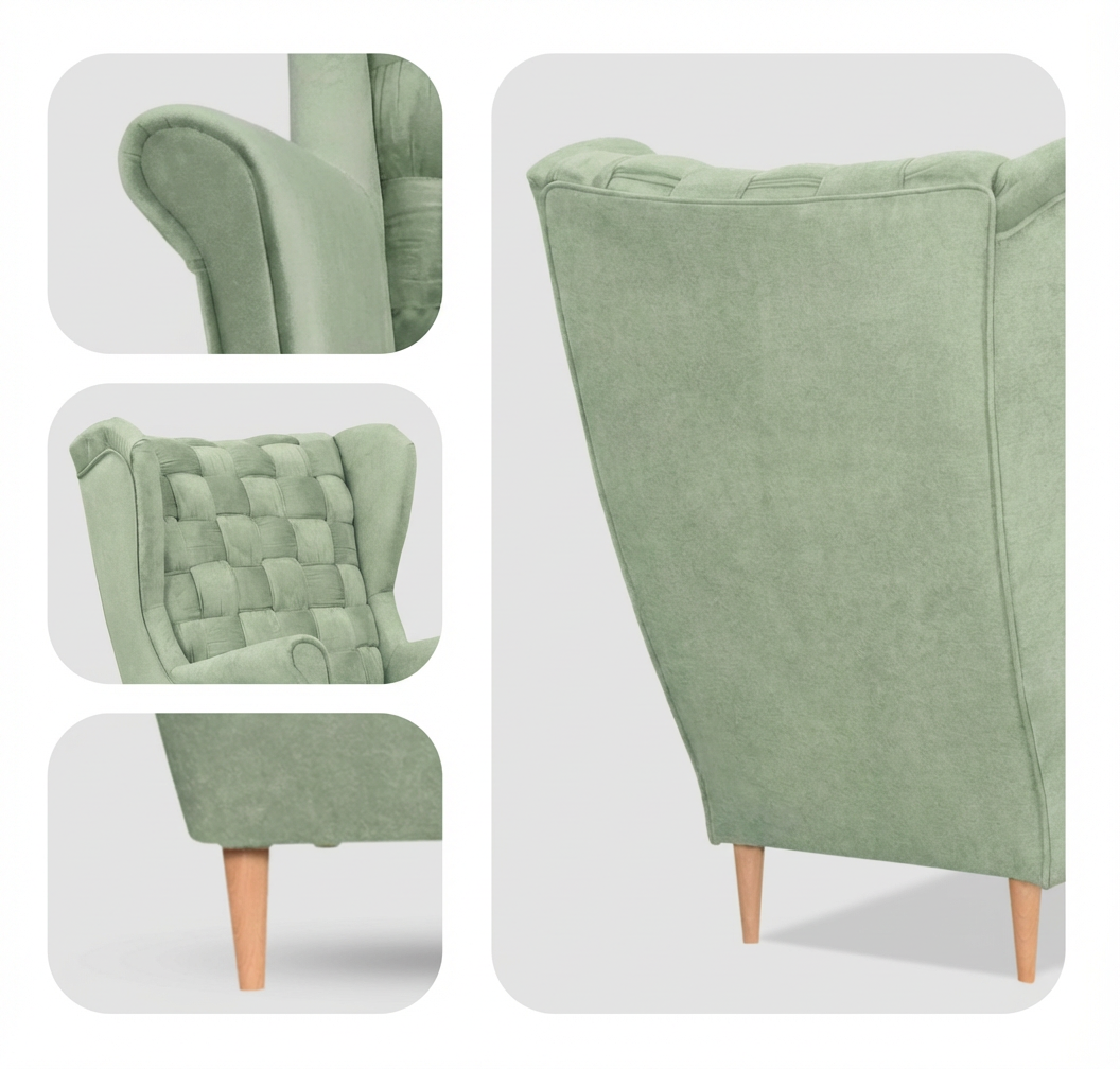 Obraz przedstawia miętowy fotel uszak z plecionym oparciem i drewnianymi nogami. Fotel ma gładką, miękką tkaninę i elegancki, skandynawski design.