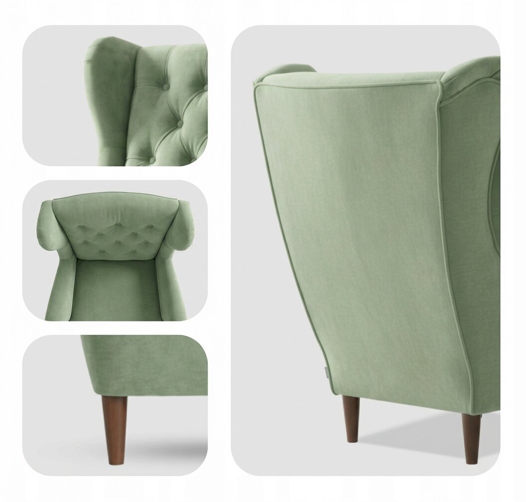 Obraz przedstawia zielony fotel uszak z pikowanym oparciem i drewnianymi nogami. Fotel ma elegancki, skandynawski design z zaokrąglonymi krawędziami.