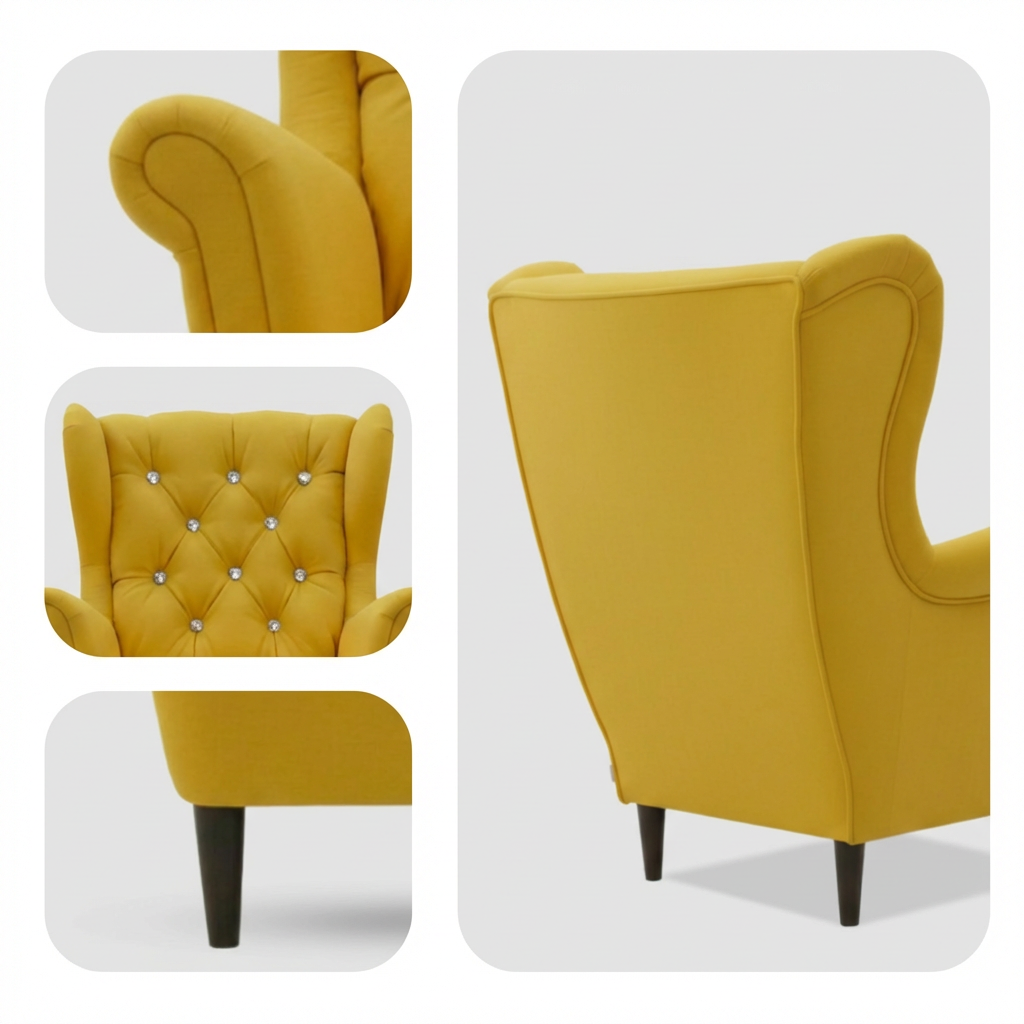 Obraz przedstawia żółty fotel uszak z weluru, z ozdobnymi guzikami na oparciu i ciemnymi drewnianymi nogami. Fotel ma elegancki, skandynawski design.