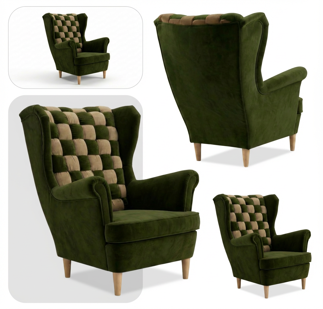 Fotel uszak w stylu skandynawskim z zielonym i beżowym pikowanym wzorem na oparciu oraz drewnianymi nogami. Tapicerka jest w kolorze zielonym, a fotel ma klasyczny, elegancki design.