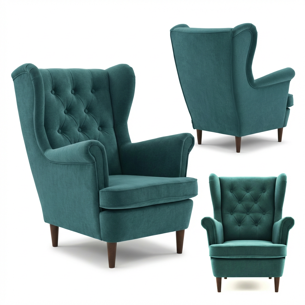 Na obrazie widoczny jest turkusowy fotel uszak o pikowanej powierzchni, z drewnianymi nogami. Fotel jest przedstawiony z różnych perspektyw, ukazując jego elegancki design.