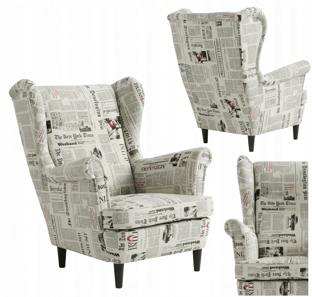 Fotel uszak w stylu skandynawskim pokryty tkaniną z czarno-białym wzorem przypominającym gazety. Widoczne są różne fragmenty tekstu, w tym \'The New York Times\' i \'Weekend\'.