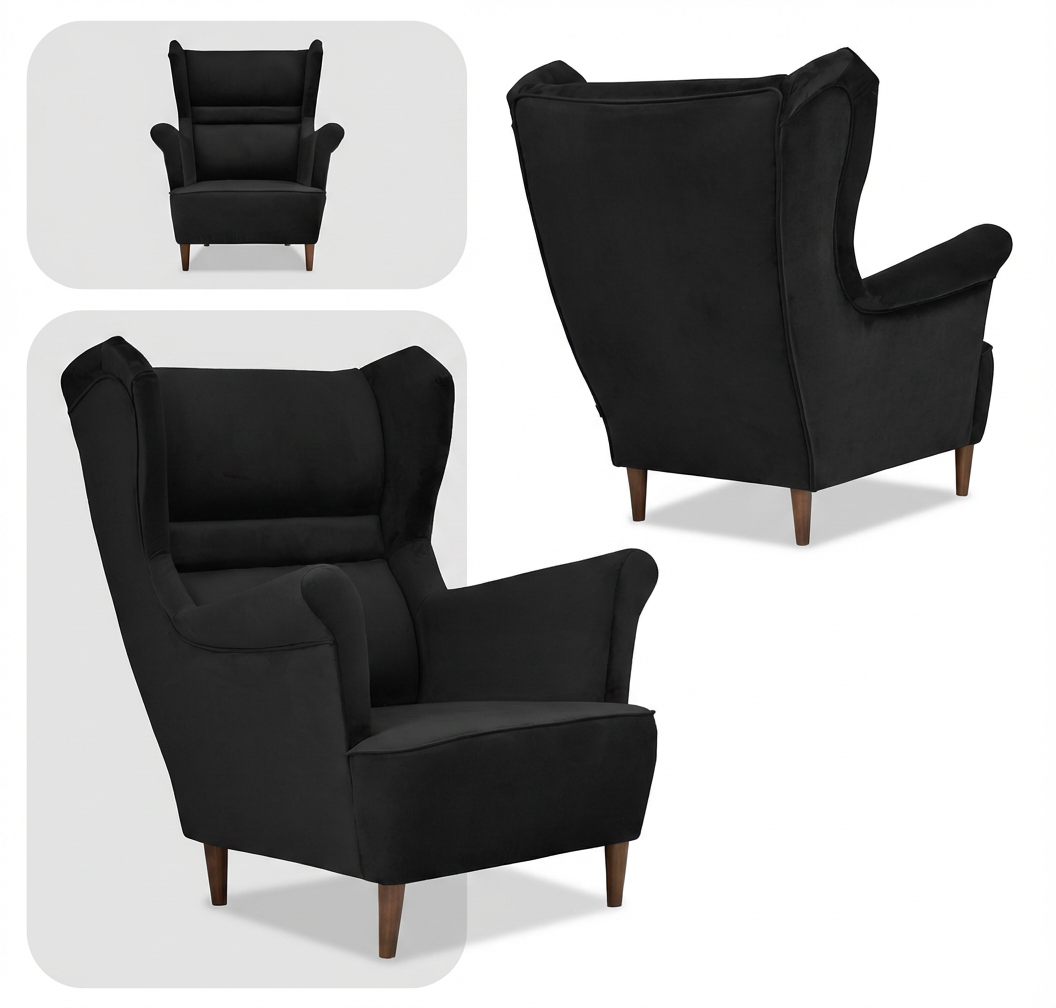Obraz przedstawia czarny fotel uszak wykonany z weluru, z drewnianymi nogami. Fotel jest pokazany z przodu i z boku, ukazując jego elegancki, skandynawski design.