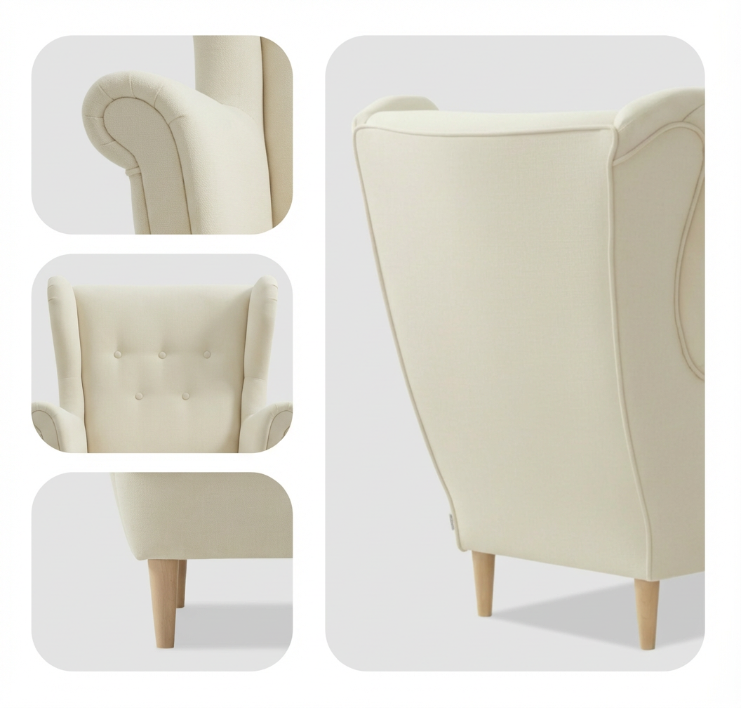 Kremowy fotel uszak z profilowanym oparciem i materiałowymi guzikami, posiada drewniane nogi. Zdjęcia przedstawiają detale oparcia, podłokietnika i nóg.
