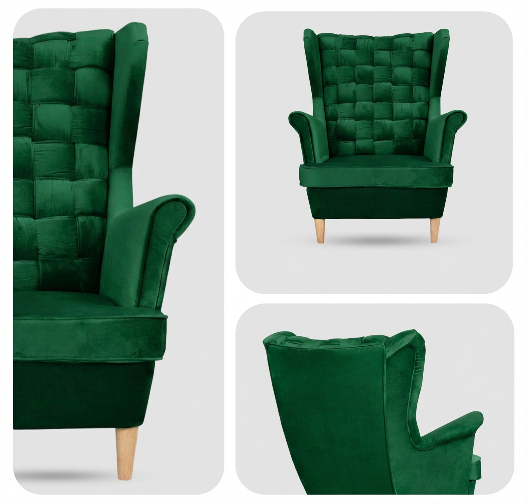 Obraz przedstawia zielony fotel uszak wykonany z aksamitu, z drewnianymi nogami i pikowanym oparciem. Fotel ma elegancki, skandynawski design.