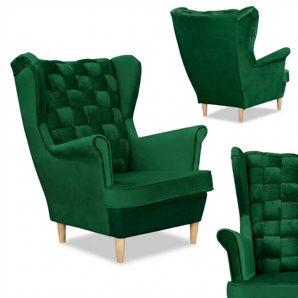 Zielony fotel uszak wykonany z aksamitu, z widocznym pikowanym wzorem na oparciu i drewnianymi nogami. Fotel prezentowany jest z różnych perspektyw, ukazując jego elegancki design.