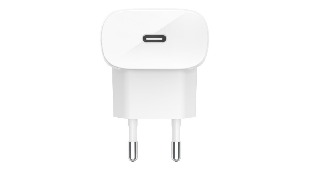 Biała ładowarka sieciowa z jednym portem USB-C i dwoma metalowymi bolcami do podłączenia do gniazdka elektrycznego.
