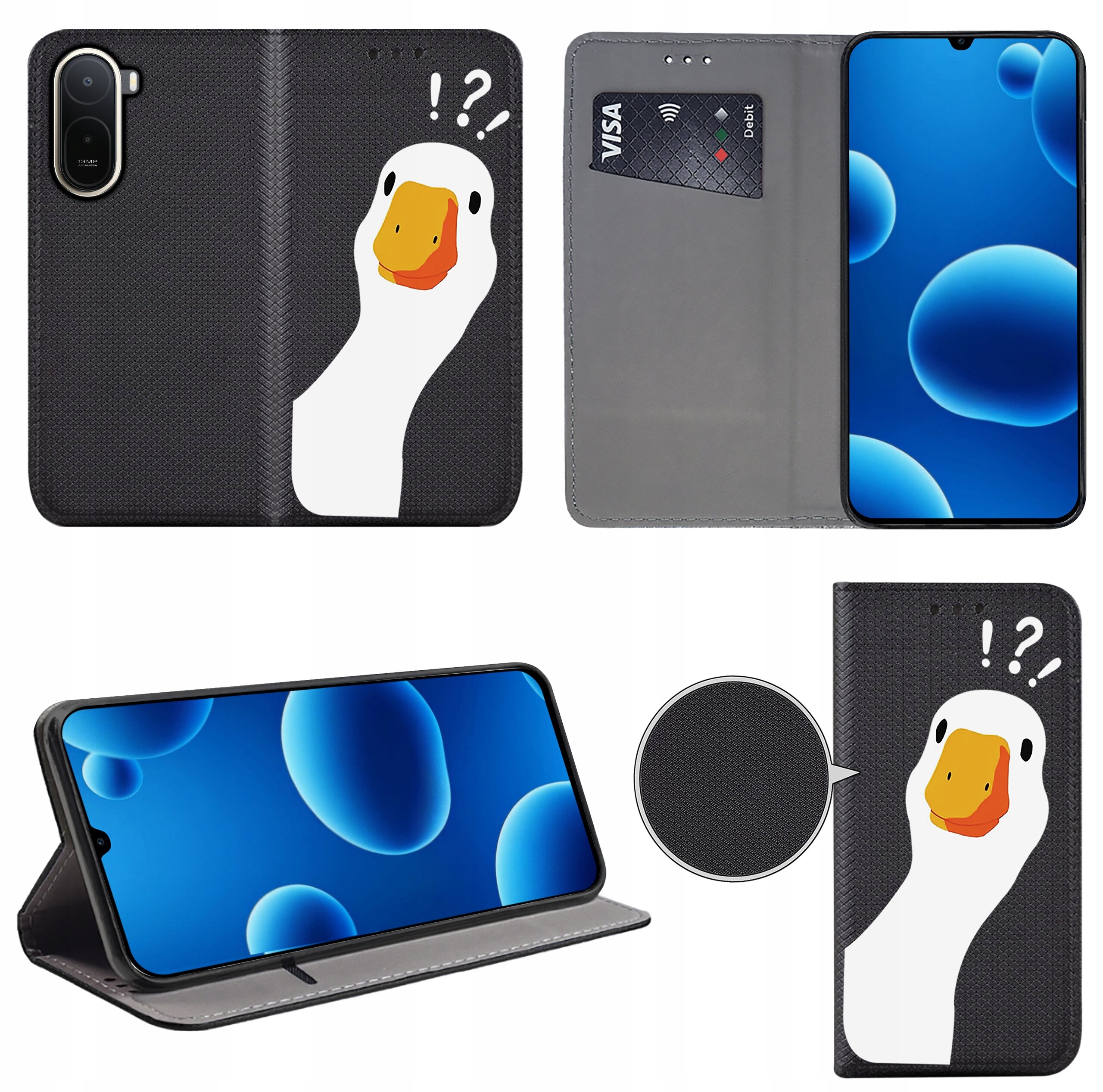 Etui na telefon z motywem kaczki na czarnym tle, z miejscem na kartę płatniczą wewnątrz. Etui można ustawić w pozycji stojącej, a na ekranie telefonu widoczne są niebieskie bąbelki.