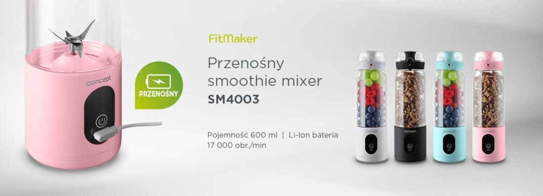Obraz przedstawia różowy przenośny blender z napisem \'concept\' oraz cztery wersje kolorystyczne blendera z owocami w środku. Tekst na obrazie: \'FitMaker Przenośny smoothie mixer SM4003 Pojemność 600 ml | Li-Ion bateria 17 000 obr./min\'.