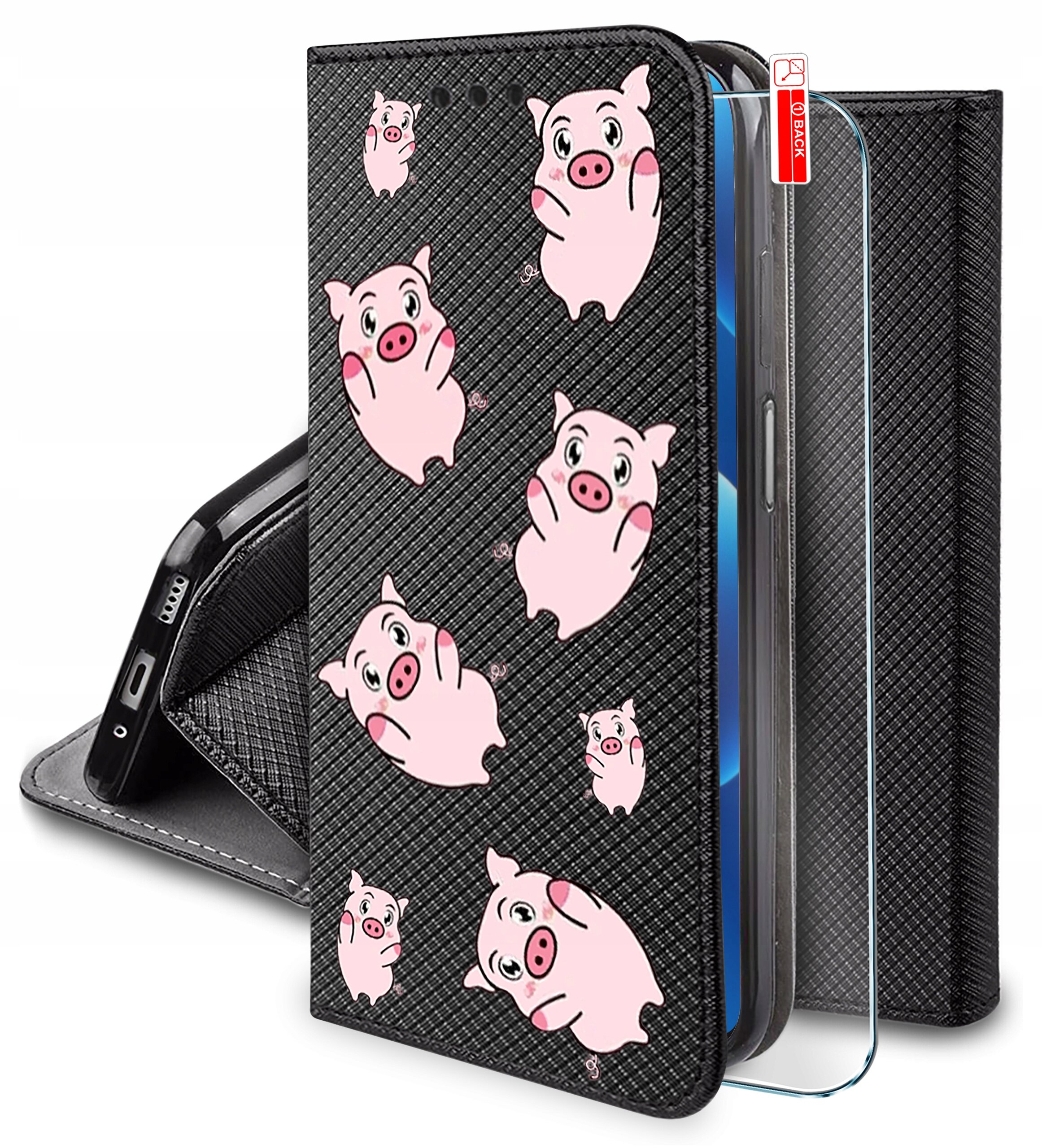 Etui na telefon z czarnym wzorem i różowymi świnkami, obok którego znajduje się szkło ochronne. Na szkło naklejona jest czerwona etykieta z napisem \'0.3 BLACK\'.