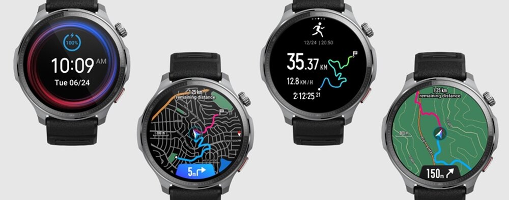 Cztery smartwatche z okrągłymi tarczami, każdy wyświetla inny ekran: zegar z datą, dane biegu z dystansem i czasem, mapa z trasą oraz mapa z nawigacją. Wszystkie mają czarne paski i metalowe koperty.